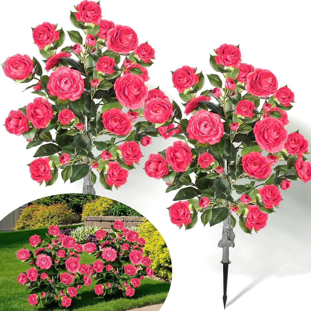 Lunmon 2 Pack 3ft Artificial Camellia Plants Tree 36" Faux Camellia Flower with Spike UV Resistant Realistic Fake Floral Blooming Bush for Indoor Outdoor Front Door Porch Backyard Garden, Rose Pink