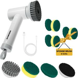 Electric Spin Scrubber with 3 Replaceable Cleaning Head + 6 Units of Sponge Brush Heads, Power Cleaning Brush, Cordless Waterproof Scrubber with Dual Speed