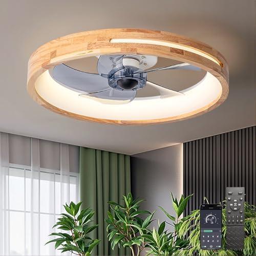 chunnwin Ceiling Fans With Lights and Remote 20” Low Profile Ceiling Fan And Light, 6500K LED Modern Flush Mount Ceiling Fan Lights Wood 3 Colors 6 Speeds Reversible Silent 5 Blades for Bedroom, Transparent Gray Patterned Frame, Natural Wood