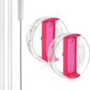 40oz Travel Tumbler Lid Compatible for Stanley,2 Pack Clear Replacement Lids 2 Pcs Extra Long Reusable Plastic Straws and 1 Pcs Cleaning Brush.(Hot Pink)