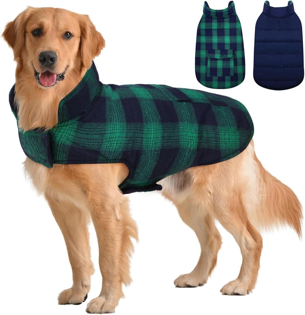 Kuoser Reversible Dog Jacket, Warm Winter Coat for Medium & Large Dogs, Warm Windproof Pet Cold Weather Clothes, Green XL (XL (Chest Girth: 24.4-29.5''))