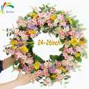 Faux Silk Cherry Blossom Flower Spring Summer Easter Wreath 24-26" for Front Door  Pink Purple Yellow Plum Blossom Green Eucalyptus Leaves  Farmhouse Front Porch Decor, Outdoor Indoor Use