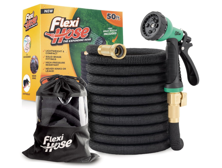 Flexi Hose Plus Expandable Garden Hose with 8 Function Nozzle, 50FT - Lightweight Retractable Garden Hose, Water Hose - No-Kink Flexibility, 3/4 Inch Solid Brass Fittings Includes Hook & Bag