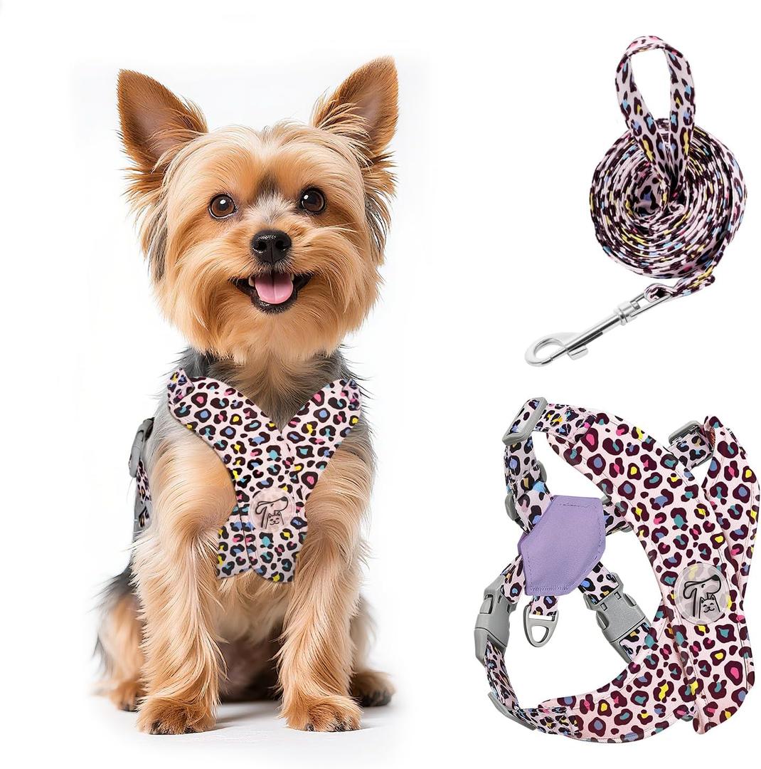 Pawaboo Small Dog Harness and Leash Set, Puppy Harness X-Frame No Pull No Choke, Dog Vest Harnesses Adjustable Sized Dogs,Soft Breathable Pet Harnesses for Walking, XS, Pink Leopard