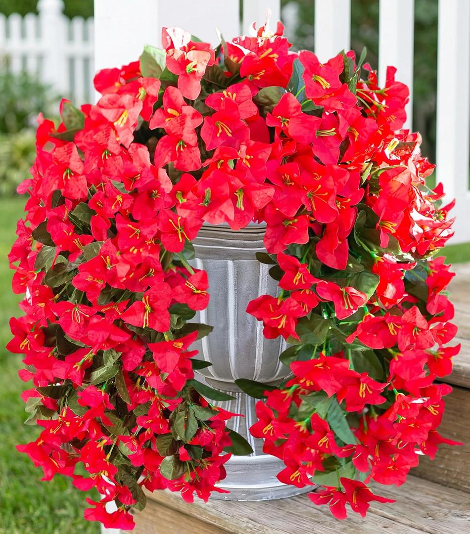HyeFlora Bougainvillea Artificial Hanging Flowers Plants for Outdoors Decoration, 2pcs Red Fake Flowers Silk Bougainvillea Vines Realistic UV Resistant Faux Flowers for Outside Planters Porch Patio