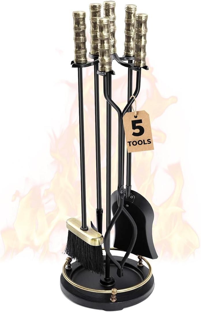 AMAGABELI GARDEN & HOME Fireplace Tools Set 5 Pcs Wrought Iron Indoor with Stand for Fire Place Kit Holder Wood Stove Hearth Accessories Chimney Fire Pit Tongs Shovel Brush Poker Fireset Outdoor Brass