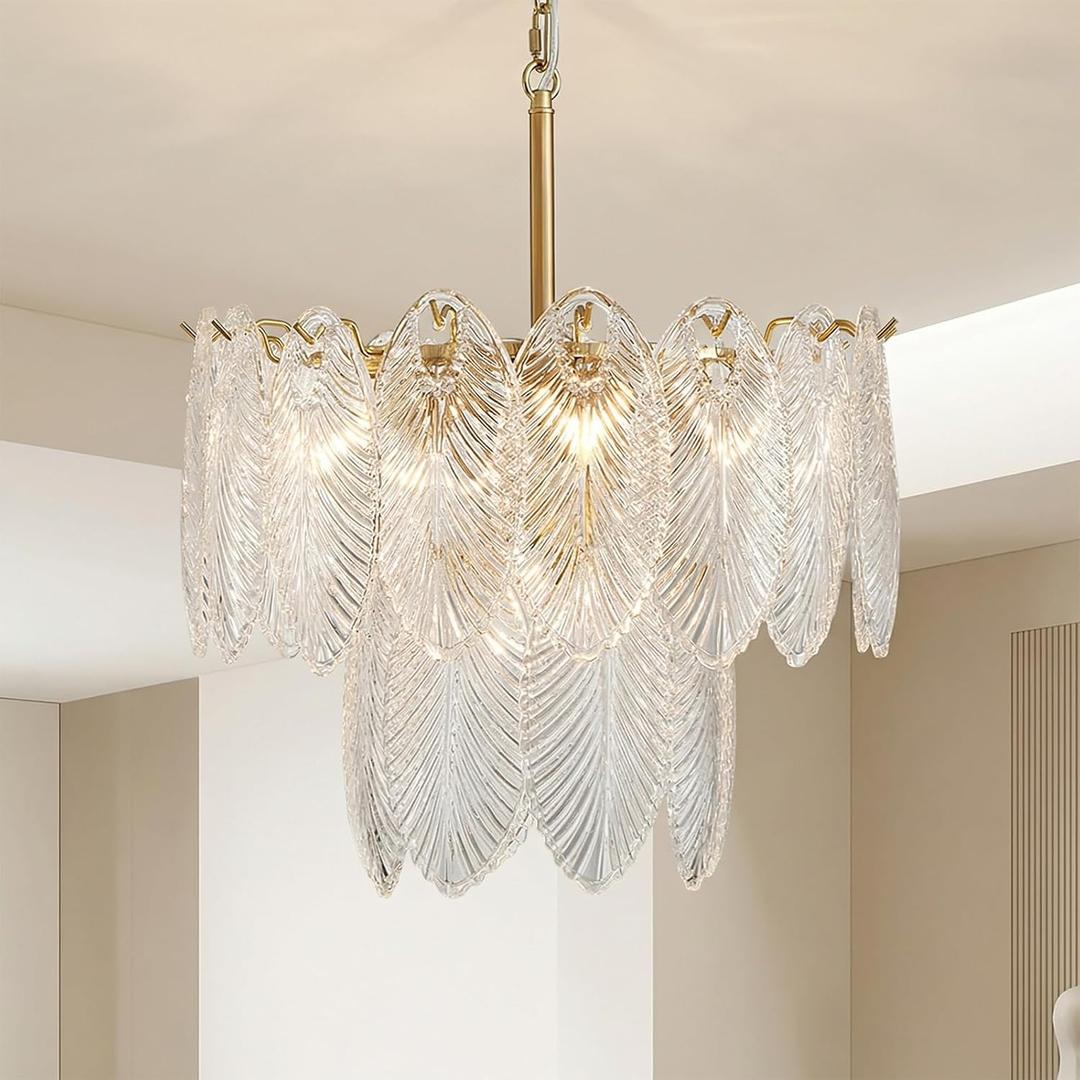 17.7" Gold Glass Chandelier for Dining Room Modern Farmhouse 5-Light 2-Layer Adjustable Height Round Hanging Pendant Lighting Fixture for Living Room Bedroom Home Office, Medium