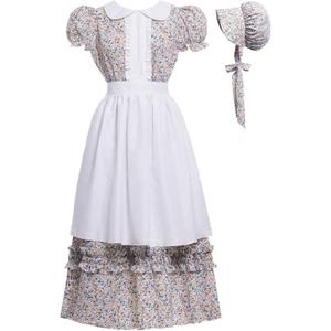Women Pioneer Colonial Dress Floral Prairie Dresses Pilgrim Costume (Small, White - Short Sleeve)