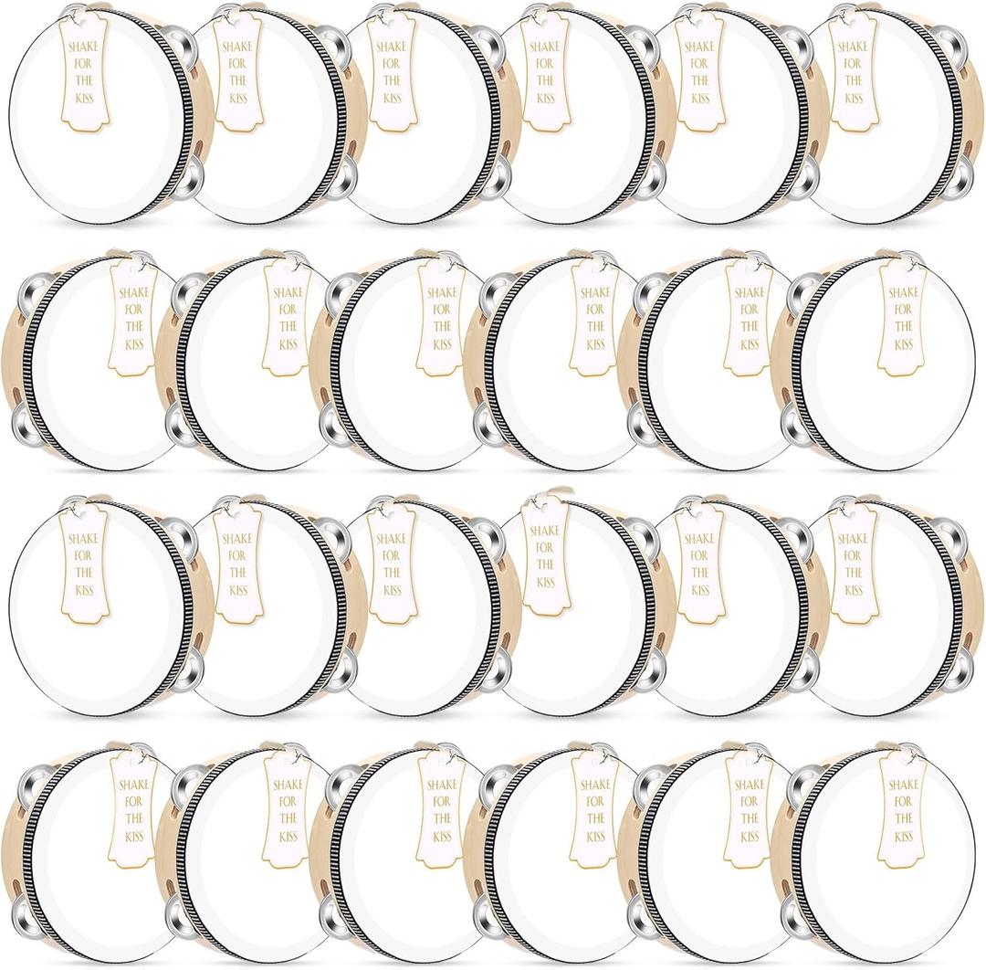 24 Set 6 Inch Tambourine for Adults Wooden Hand Held Drum with Metal Jingles, Gift Tags, White I Love You Printed Ribbon Percussion Gift Musical Instrument for Church Wedding Party Favor(black)
