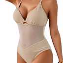Women's Mesh One Piece Swimsuit Tummy Control Slimming Bathing Suit V Neck Cutout Shiny Swimwear M