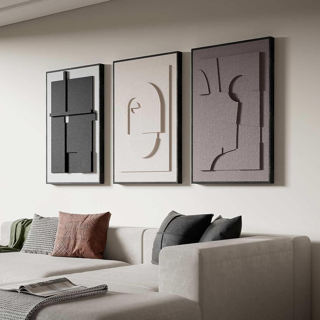 Large 3D Textured Framed Wall Art for Living Room, 3pcs Abstract Geometric Relief Artwork for Walls, Modern Neutral Black Beige Sandstone Plaster Pictures for Entryway Foyer Home Decor, 24x36 Inch