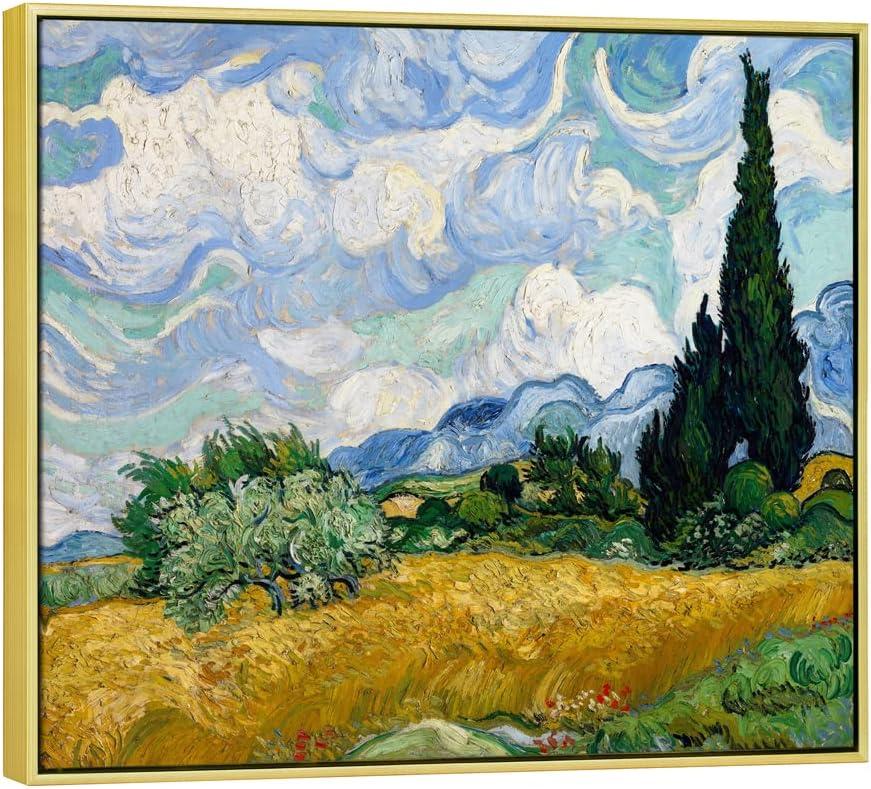 Wieco Art Framed Canvas Art Wheat Field with Cypresses by Van Gogh Impressionist Landscape oil Paintings Canvas Prints Artwork Wall Art for Living Room Home Office Decorations (24.2L" x 20.2W")
