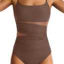 One Piece Swimsuit for Women Tummy Control Mesh Bathing Suits Sexy Push Up Swimsuits Slimming Square Neck Swimwear (Medium, Brown)