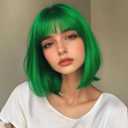 Quickwig Short Bob Wig with Bangs Green Wig Colored Wigs Heat Resistant Synthetic Wig 12 Inch Party Cosplay Halloween Wigs for Women