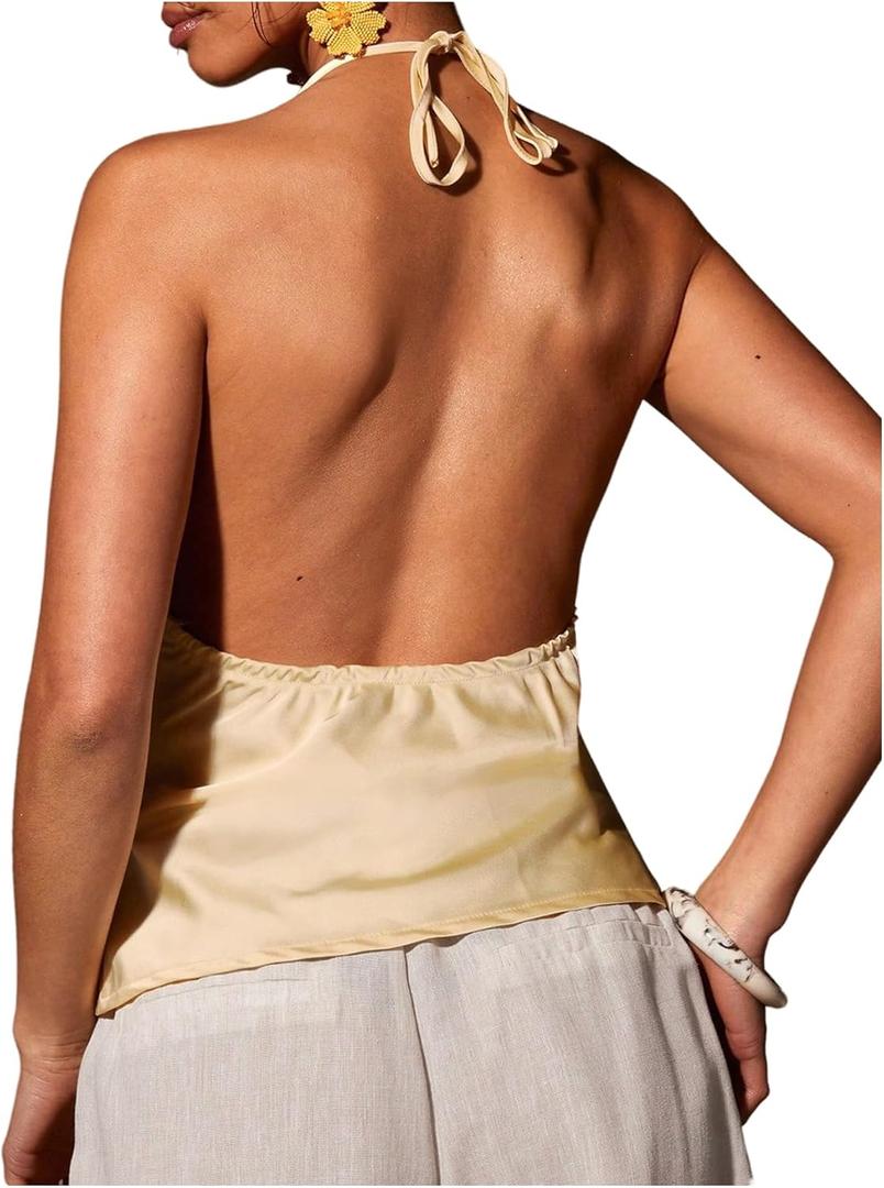 Women's Elegant Satin Backless Party Halter Tops Ruched Bust V Neck Sleeveless Tank Top Yellow, Size: Large