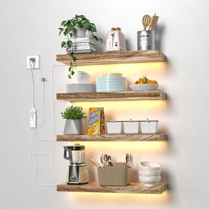 15.8" Floating Shelves,Invisible Wall Mounted Display Wooden Shelves with 3000K Dimmable Wired Recessed LED Light Bar,for Living Room Bedroom Kitchen Bathroom Office, Rustic Brown,4Pcs