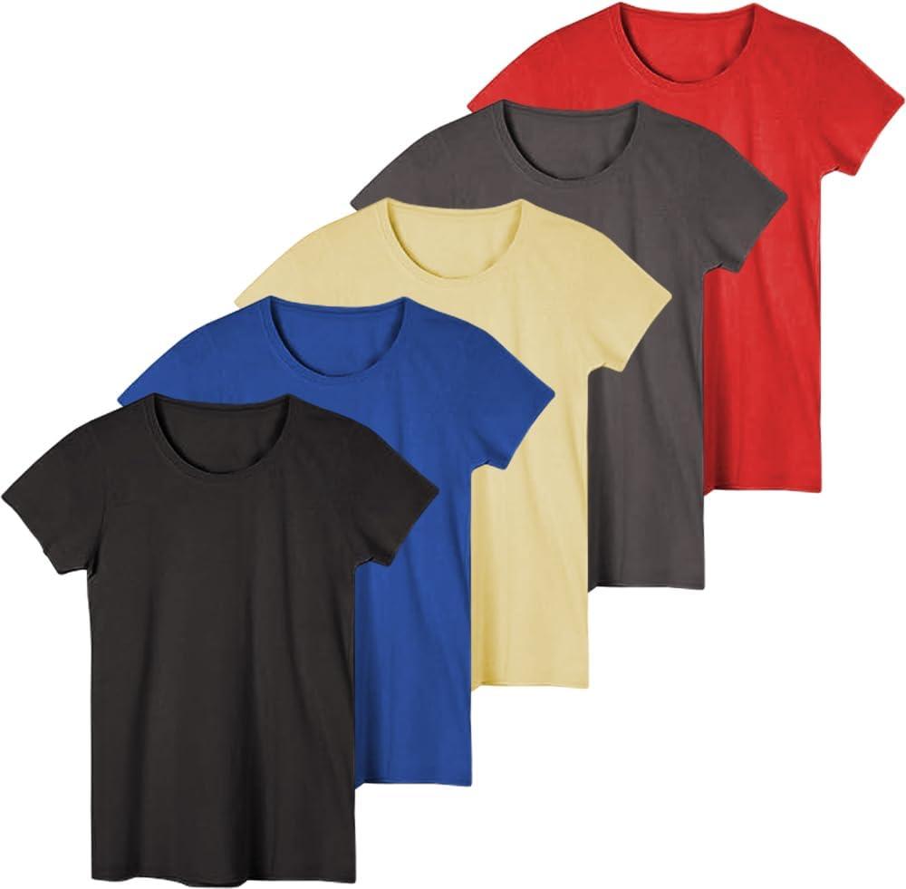 Sexy Basics Women's 5 Pack Crew Neck T-Shirts |Workout - Activewear - Yoga - Sleep Ultra Soft Stretch Short Sleeve Tees (3X-Large, 5 Pack-black,charcoal,blue,sunlight,flame Red)
