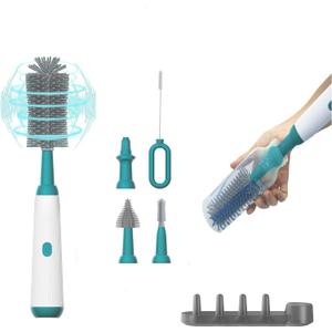 Electric Baby Bottle Brush Cleaner with Extended Handle & Drying Holder, Baby Bottle Brush Set with Silicone Bottle/ Nipple/ Crevice/ Brush, Straw Cleaner, Lifesaver Automatic Bottle Cleaner，Green