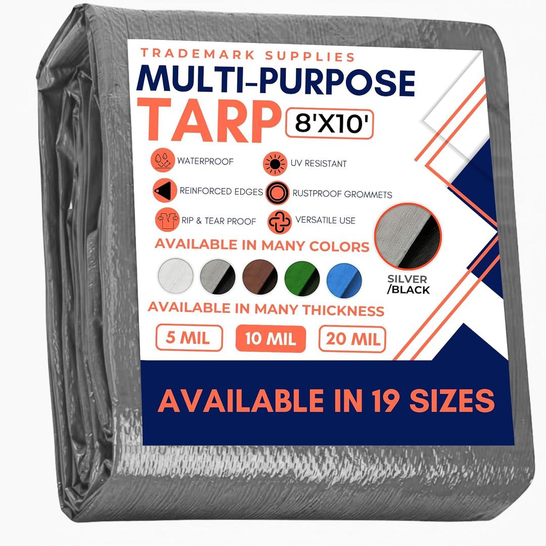 Trademark Supplies Tarp Cover Silver/Black Heavy Duty Thick Material, Waterproof, Great for Tarpaulin Canopy Tent, Boat, RV or Pool Cover (8X10, .Silver-medium Weight Protection) Trademark Supplies Tarp Cover Silver/Black Heavy Duty Thick Material, Waterproof, Great for Tarpaulin Canopy Tent, Boat, RV or Pool Cover (8X10, .Silver-medium Weight Protection)