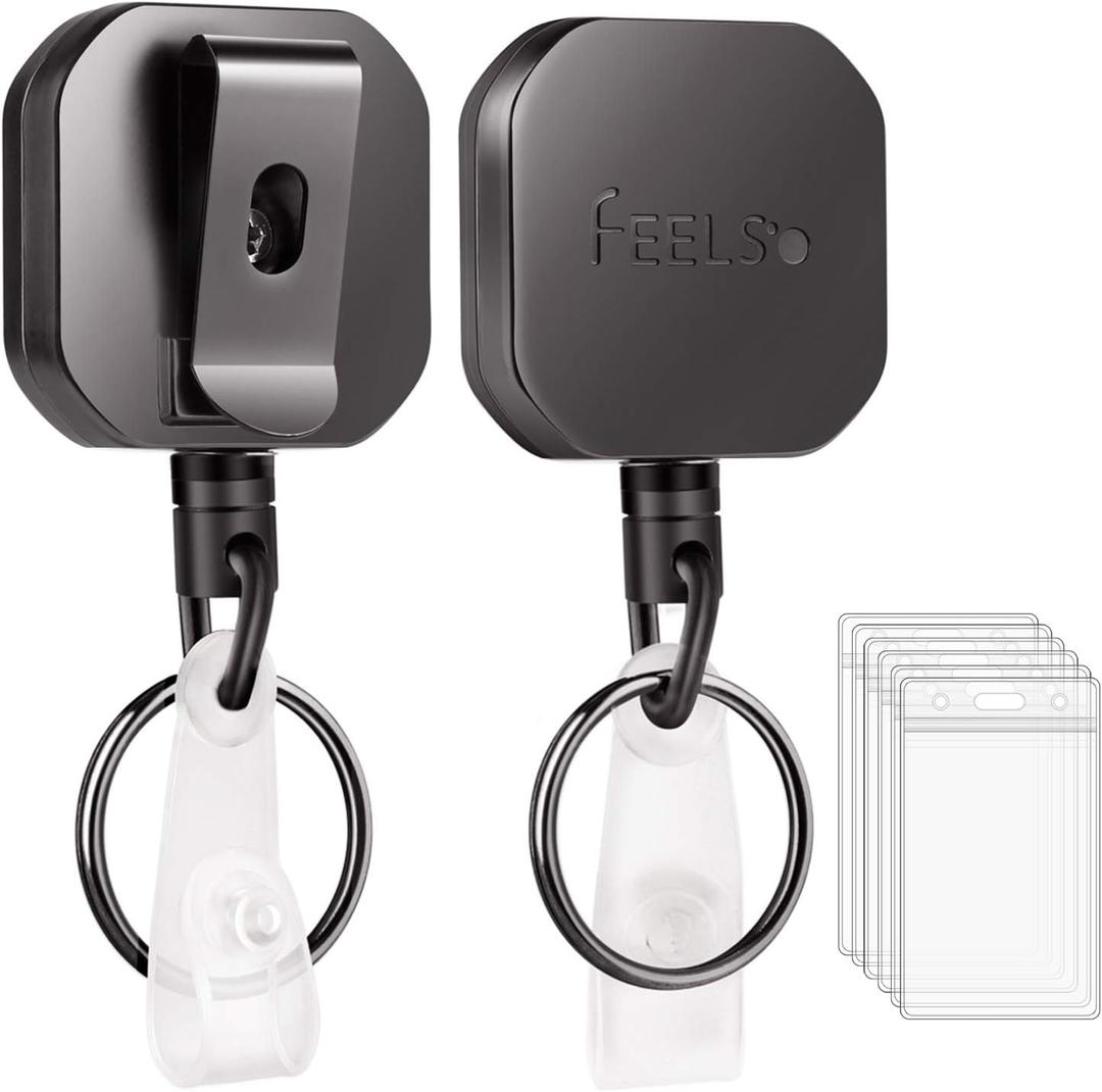 FEELSO Badge Holder Reel Retractable, Metal Heavy Duty Badge Holder with Belt Clip Key Ring and 6pcs Plastic ID Card Holders, Steel Wire Cord Up to 25 inch (2 Pack)