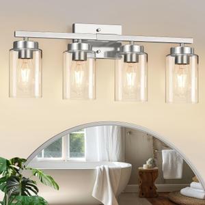 IZORRO Modern Bathroom Light Fixtures, 4 Light Brushed Nickel Vanity Lights, Bathroom Lighting Fixtures Over Mirror with Clear Glass for Living Room Cabinet Bedroom