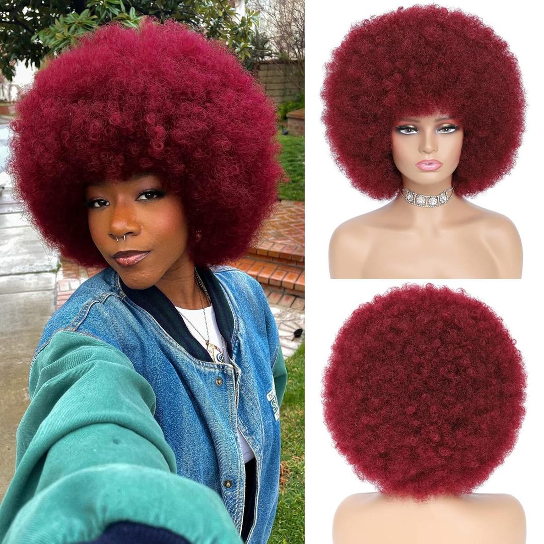 Soft 70s Afro Wig For Women Burgundy Afro Kinky Curly Hair Wigs With Bangs Natural Dark Red Short Afro Curly Wig For Men Bouncy Puff Synthetic Hair Wig For Daily Party Use