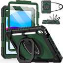 Cantis Case for iPad (A16) 11th/ 10th Generation 11/ 10.9 Inch 2025/ 2022, Shockproof Case for iPad 11 with Screen Protector/ Rotating Stand/ Adjustable Shoulder Strap/ Pen Holder, Black+Alpine Green