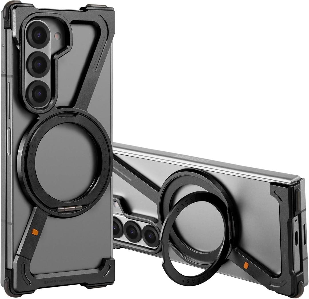 OGRANEE Z Case for Samsung Galaxy Z Fold 6 Metal Frameless, with Mag Safe Kickstand 360Rotatable, Minimalist Ultra Thin Slim Shockproof for Z Fold 6 Phone Case with Ring Holder Stand for Men, Black