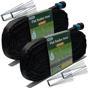 Secbulk 2025 Flat Soaker Hose 100 ft with Stakes for Garden, 50ft x 2 Linkable Drip Hose Diy Garden Irrigation System Saving 80% Water, Dual-layer Leak-free Design Water Hose with Holes