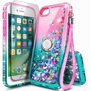 NGB Designed for iPhone SE (3rd 2022 & 2nd Gen 2020)/iPhone 8/7/6/6S Case, Pink/Aqua | Glitter Liquid Cute Cover for Women Girls Kids | with Tempered Glass Screen Protector & Ring Holder-Wrist Strap