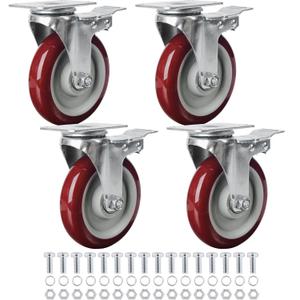 Finnhomy 5 Inch Casters Wheels Set of 4 Heavy Duty Plate Swivel Locking Casters for Furniture/Workbench Premium Industrial Wheels 3000 Lbs Anti-wear Smooth Casters Red (Free Screws)