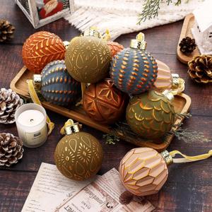 24 Pcs Large Neutral Texture Christmas Ball Ornaments Set 3.15 Inch Farmhouse Vintage Rustic Christmas Tree Decorations with Velvet Ribbon, Xmas Shatterproof Hanging Ornaments for Home Decor