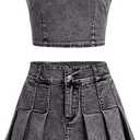 WDIRARA Girl's Y2K 2 Piece Outfits Bandeau Tube Tops Jeans Denim Sets A Line Pleated Mini Skirt Set Black 9Y