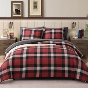 Full Size Comforter Set, Red Plaid Bedding Set 7 Pieces for Boys Girls, Classic Checkered All Season Bed in a Bag for Dorm with Sheets, Pillowcases & Shams