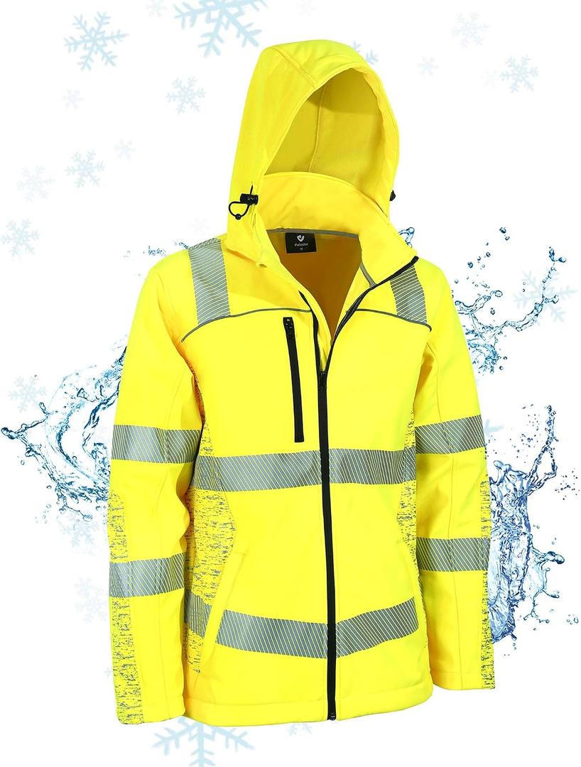 PAFESTER Safety Reflective Rain Jackets for Men Winter Yellow Insulated Rain Coats Waterproof Hoodie with Multiple Pockets, X-Large, Safety Jacket