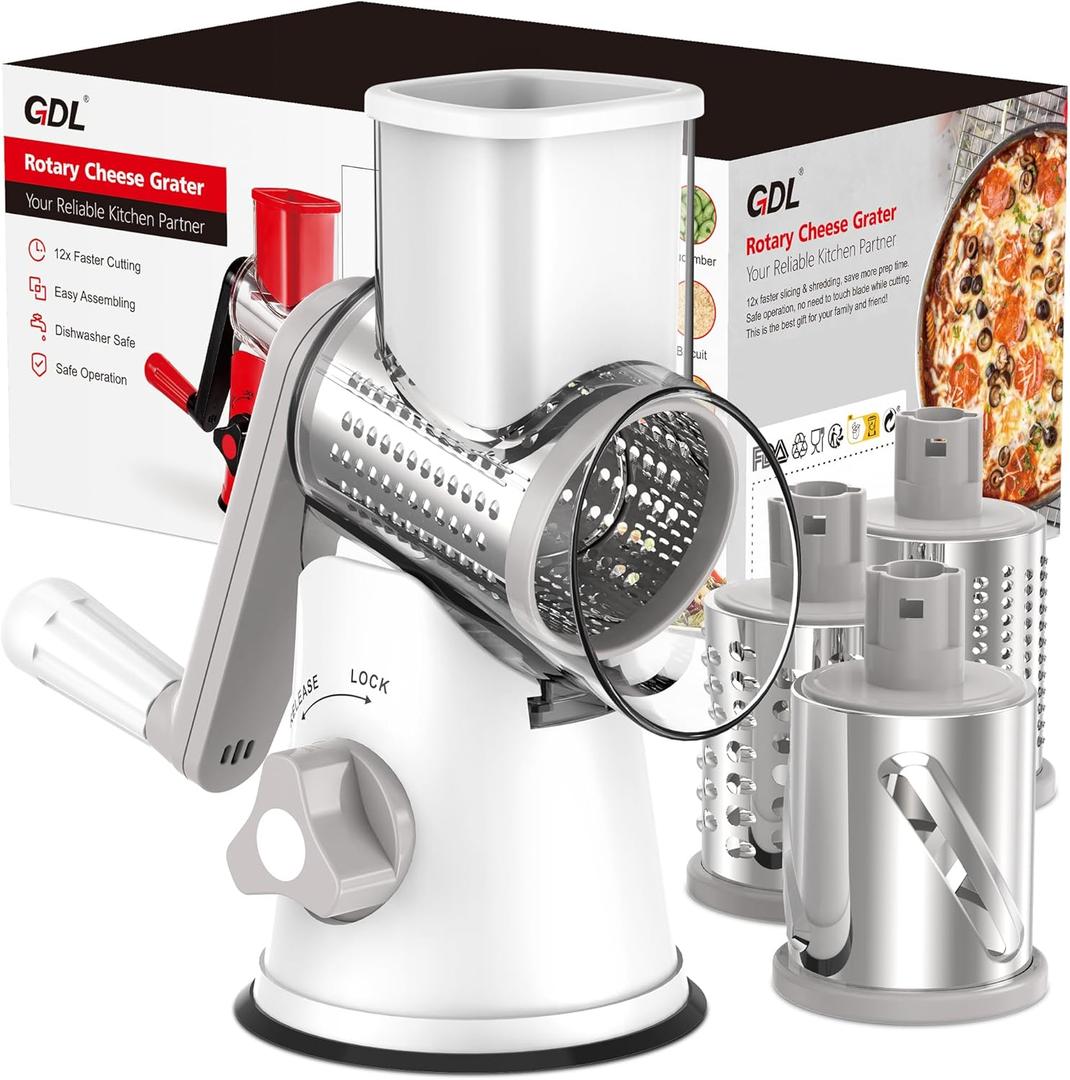 Cheese Grater Rotary, Rotary Grater for Kitchen, Kitchen Grater Vegetable Slicer with 3 Drum Blades, Fast Cutting Cheese Shredder for Vegetables and Nuts (White)