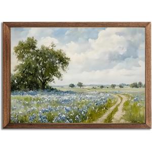 Framed Vintage Canvas Wall Art, Country Landscape Wildflower Field Wall Decor Paintings, Rustic Nature Pictures Prints Home Decor for Living Room Bedroom Bathroom Farmhouse 8x10 inch