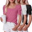 Mumucove 3 Pack Girl's Shirts Puff Sleeves Tops, 3-Color, 11-12 Years