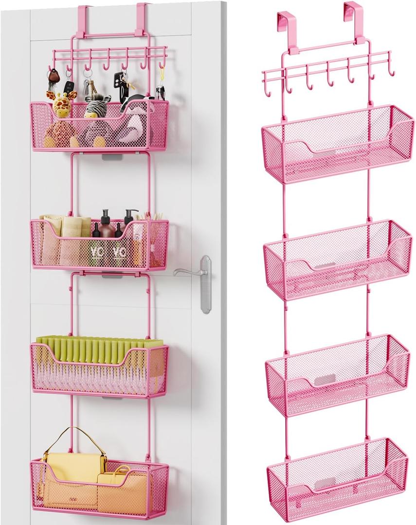 HapiRm Over Door Organizer Storage - Hanging Door Organizer with 4 Metal Large Capacity Baskets and Adjustable Coat Hook for Bathroom Bedroom Kitchen Pantry Closet Cabinet (Pink)