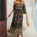 Women's Long Maxi Dress Sexy Off Shoulder Floral Dress Ruffle Short Sleeve Smocked Flowy A Line Boho Dress (Black, XL)