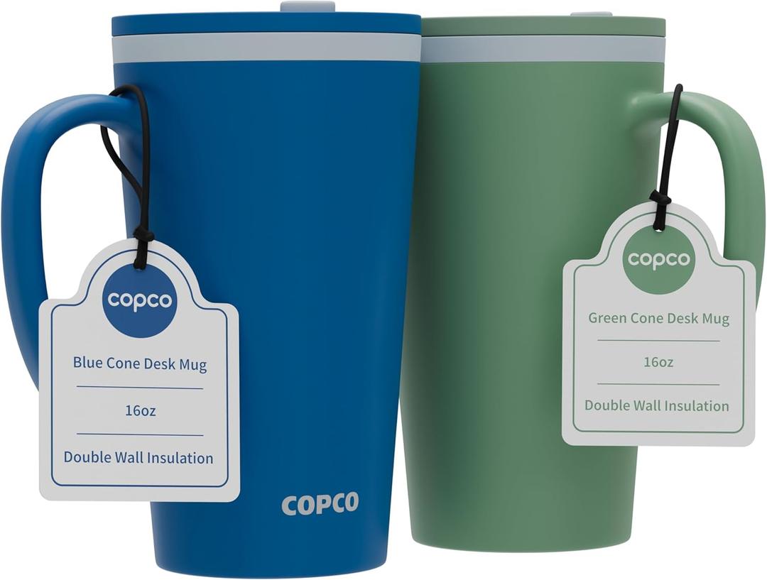 Copco Cone Travel Coffee Mug, 16 oz (Set of 2) - Insulated Mugs with Handle, Double Wall Reusable Tumblers with Twist-Off Spill Resistant Lid, BPA-Free, Microwave & Dishwasher Safe (Blue/Green)