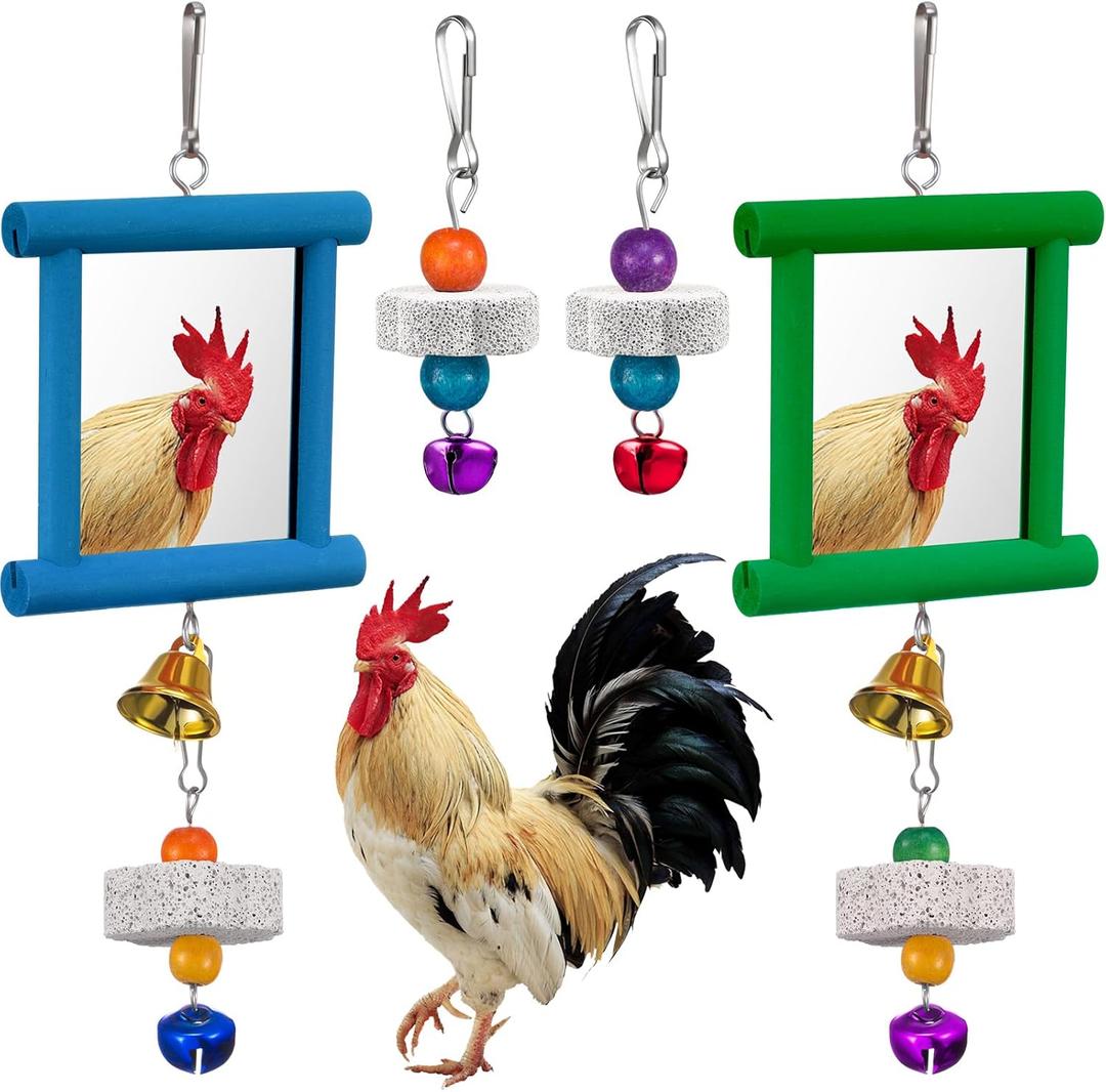 Sumind 2 Pieces Chicken Mirror Toys Hanging Swing Mirror with Bell Wooden Pecking Toy and 4 Pieces Beak Grinding Molar Stones for Hens Birds Parrots(Blue,Green)