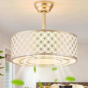 Gold Chandelier Ceiling Fan with Light, 20" Caged Gold Chandelier Ceiling Fans with Lights Remote Control, Fabric Mid-Century Modern with 6 Speeds for Bedroom, Nursery, Living Room. 