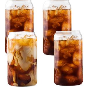 Ilyapa Can Shaped Pint Glass Cups Set- 16oz Glass Tumbler Cups, Set of 4 Tumbler Drinking Glasses, for Iced Coffee, Matcha, Smoothie, Juice and Beer