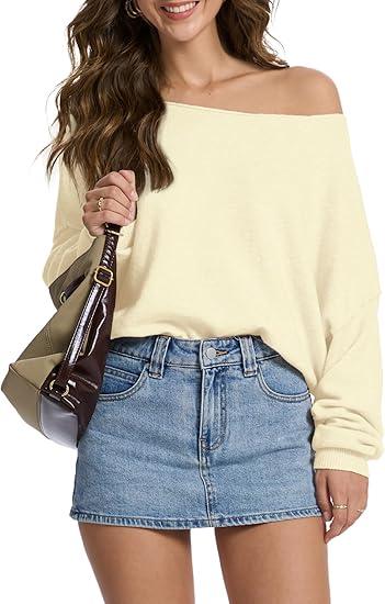 Women's Sweater Off Shoulder & Boat Neck Oversized Long Sleeve Pullover Cozy Knit Fall Winter Casual, Pale Yellow Medium