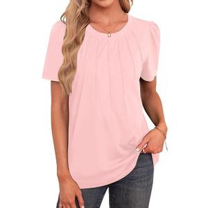 Agnes Urban Womens Tops Dressy Casual Short Sleeve Shirts Summer Loose T Shirts Trendy Tops Pleated Tunic Blouses RoseRed Size Large