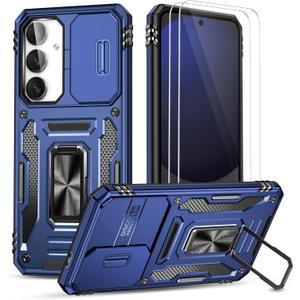 Ezanmull for Samsung Galaxy S24 FE Case with Slide Camera Cover + Screen Protector(2 Packs), Rotated Ring Kickstand Military Grade Shockproof Protective Cover for Samsung Galaxy S24 FE (Dark Blue)