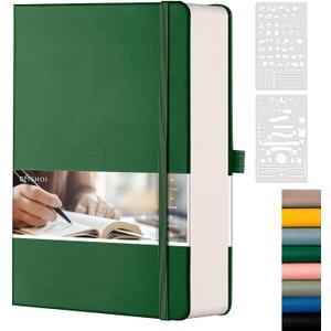 EMSHOI Dotted Journal Notebook, 320 Pages, A5 Small 5.75"x8.38", PU Leather Hardcover, 100 GSM Thick Paper, 5mm Dot Grid Notebook for Journaling, Planning, Drawing, Writing, Dark Green