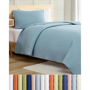Quilt Set Twin Size - Boho Bed Set, Striped Stitch - Dusty Blue, 68" x 86" | 2 Piece Quilt Set, Lightweight Bedspread for All Seasons, Soft, Breathable & Comfy, Summer Quilted Coverlet w/ 1 Pillow Sham