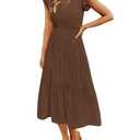 ZESICA Women's 2025 Summer Casual Flutter Short Sleeve Crew Neck Smocked Elastic Waist Tiered Midi Dress,Coffee,  Size M